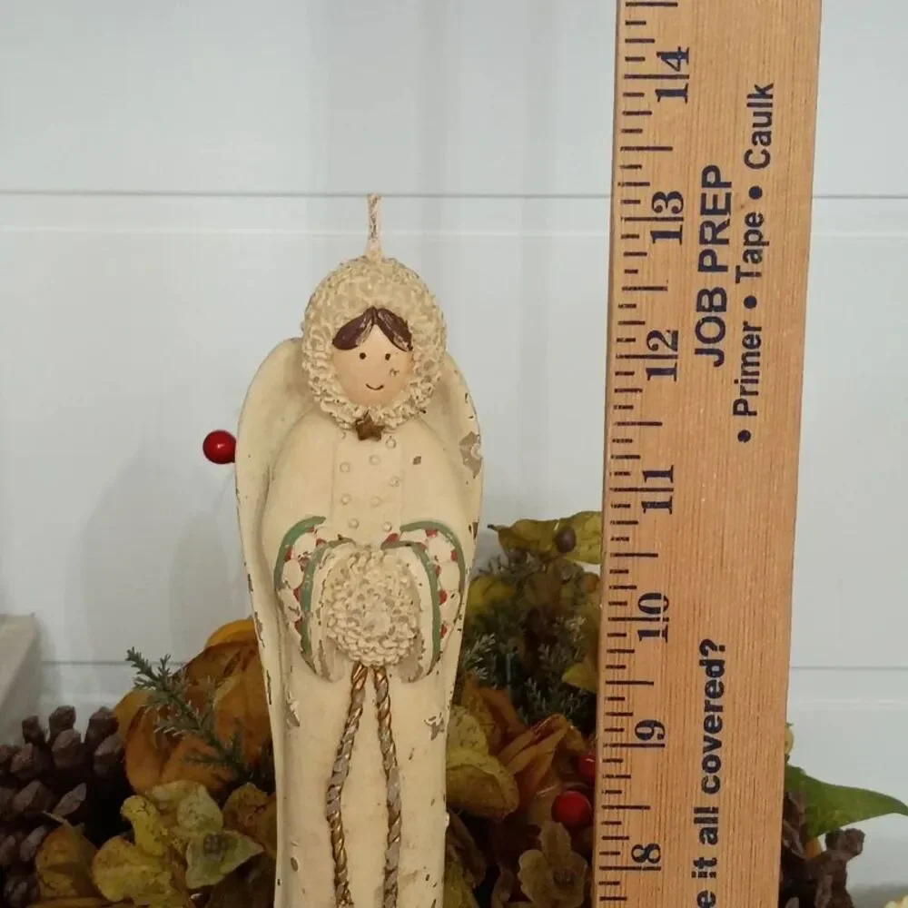 Vintage Carved Winter Angel Candle on Wooden Candlestick Holder Decoration